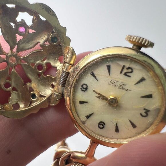 VTG 14KGold Pendant Watch with Floral Motif encrusted Rubies, Emeralds & Diamond - Picture 8 of 13